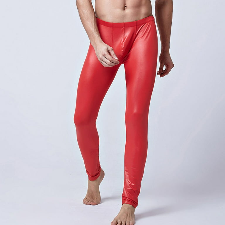 YIWEI Men Sexy Slim Wetlook PU Leather Pants Big Pouch Trousers Tight  Leggings Club Red XL 