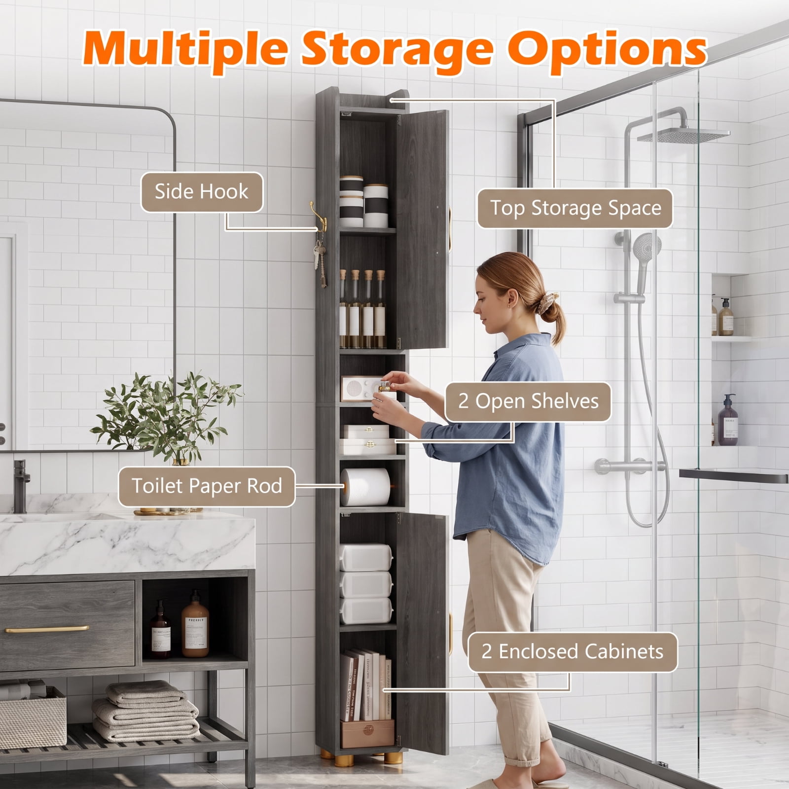 Vebreda Narrow Bathroom Storage Cabinet, Tall Freestanding Slim Tower with 2 Closed Cabinets, Open Shelves and Toilet Paper Holder, Adjustable Shelves, Hook and Golden Handles, Gray