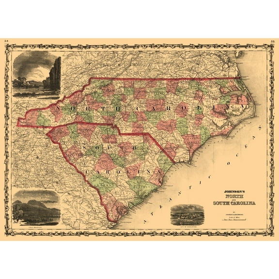 Historic State Map - North Carolina South Carolina - Johnson 1861 - 31.65 x 23 - Vintage Wall Art