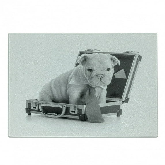 English Bulldog Cutting Board, Tie Wearing Puppy Sitting Inside a Briefcase Greyscale Illustration, Decorative Tempered Glass Cutting and Serving Board, Small Size, Grey Pale Grey, by Ambesonne