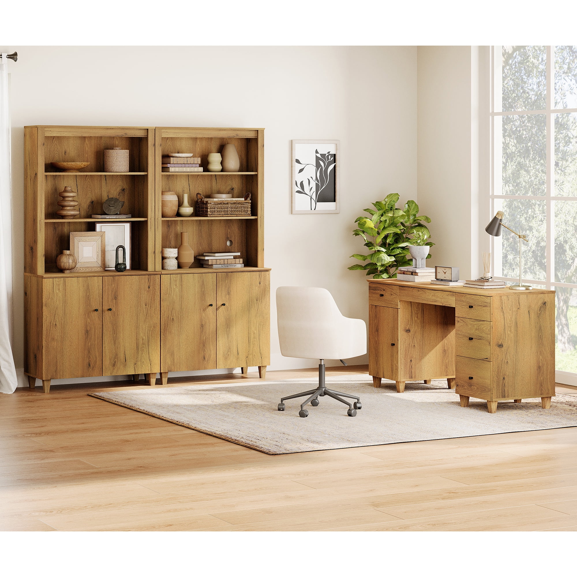 WAMPAT Home Office Furniture Set, 58" Executive Desk with Charging Station and Cabinet, 2-Column 71" Tall Bookcase with Doors and Adjustable Shelves for Living Room,Dark Brown Wood