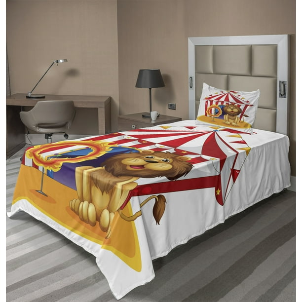 Circus Sheet Set, Lion Beside the Hoop at the Circus Old Fashion King of  Forest Illustration, Fitted and Flat Sheet with Pillowcase Bedding Accent 3 