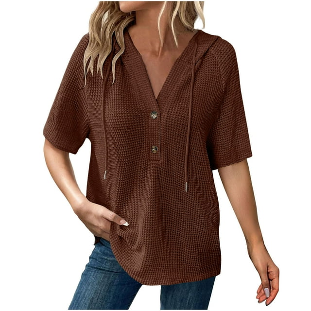 Timegard Tops for Women Summer Beach Travel V Neck Button Hoodies Tops Loose Solid Color Comfy Tee