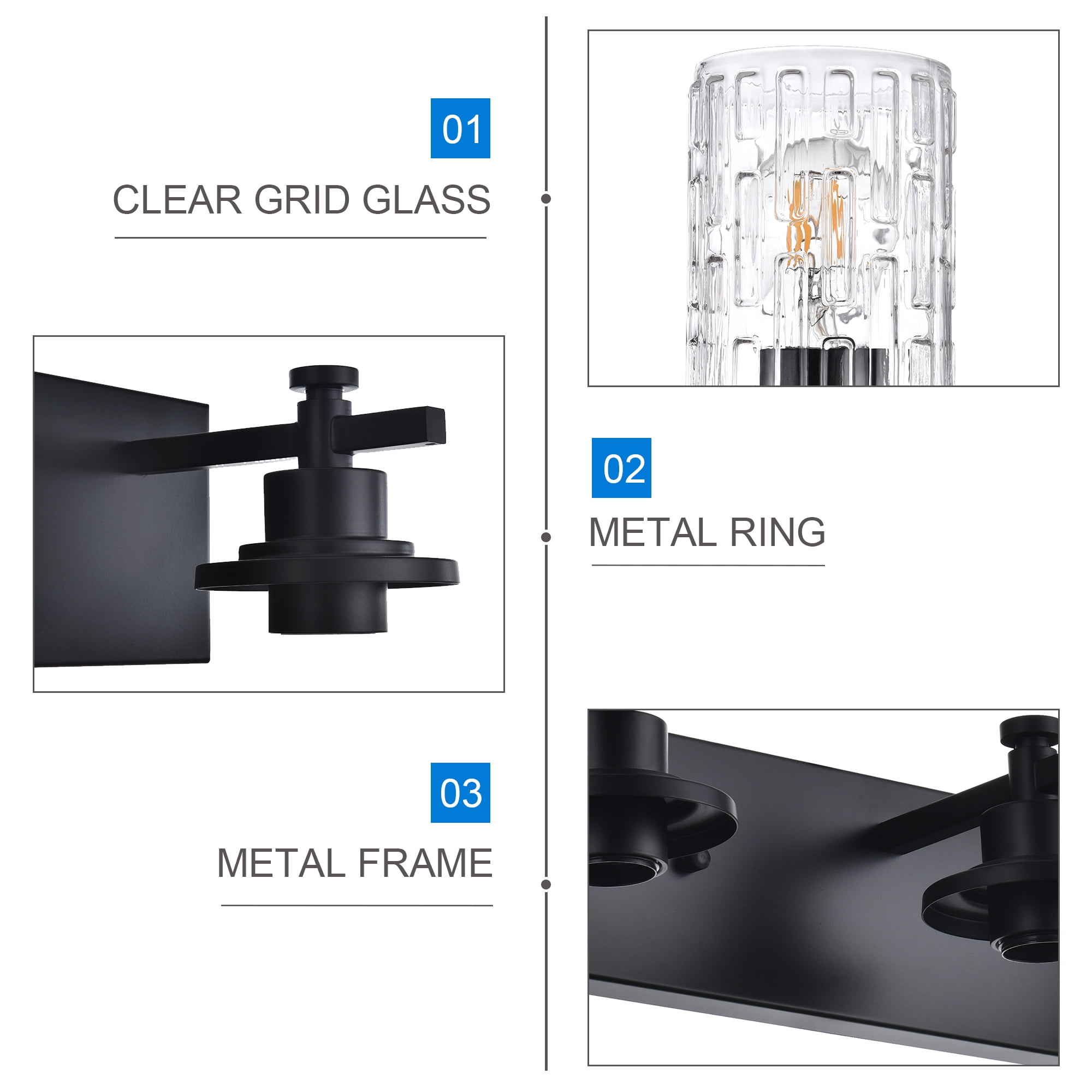 MELUCEE 6-Light Vanity Lighting Fixtures in Matte Black Finish with Clear Grid Glass Shade