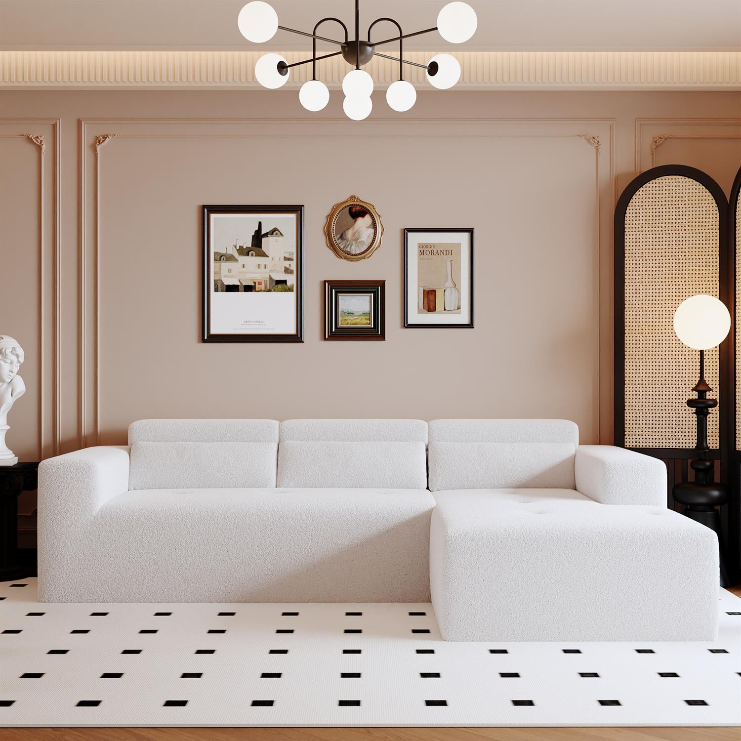 Demi Bonn 109" Modern Modular Sectional Sofa, Cozy Teddy Fabric L Shaped Couch with Chaise, 3-Seater Corner Sofa with Pillows for Apartments, White