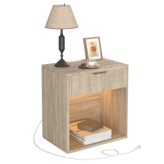 EROMMY 23" Fluted Nightstand wtih Drawer & Charging, Mid-Century Oak Bedside Table