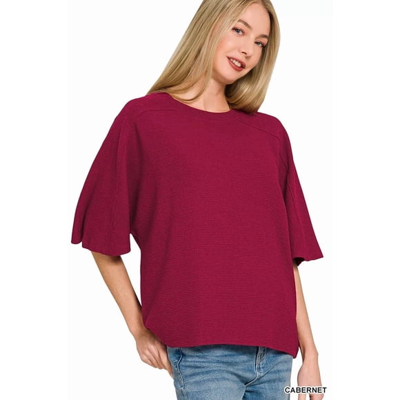 Je Suis un JUNKY de Mode Zenana Haut à Manches Courtes en Double Tricot (CABERNET, S)