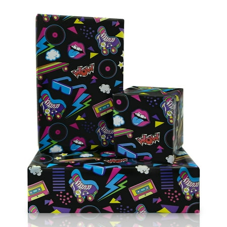 80s 90s Wrapping PresNok Paper for Boy Girl Kids, Electronic Music Birthday Wrapping Paper, 4 Sheets Folded Flat 28x20 inch Gift Paper for 90s 80s Neon Retro Birthday Party Black Light Party