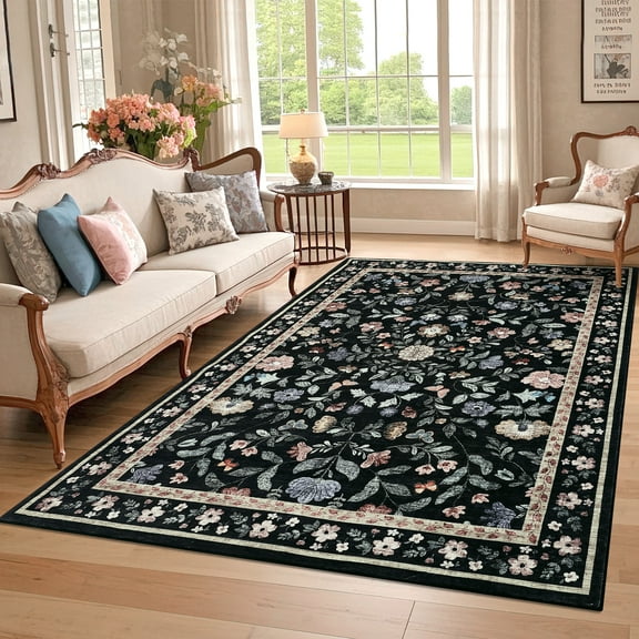 Hasoo Washable Living Room Area Rug 10x13 Large Modern Floral Soft Non Slip Indoor Black Carpet