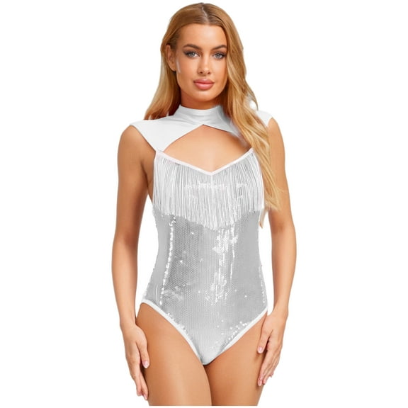 iiniim Women's Sleeveless Sequin Bodysuit Tassel Fringe Gymnastics Dance Leotard for Club Party Silver S