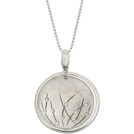 Giuliano Mameli Crystal Accent Rhodium-Plated Sterling Silver Matte-Finished Grass Pattern Polished Frame Round Pendant with Chain
