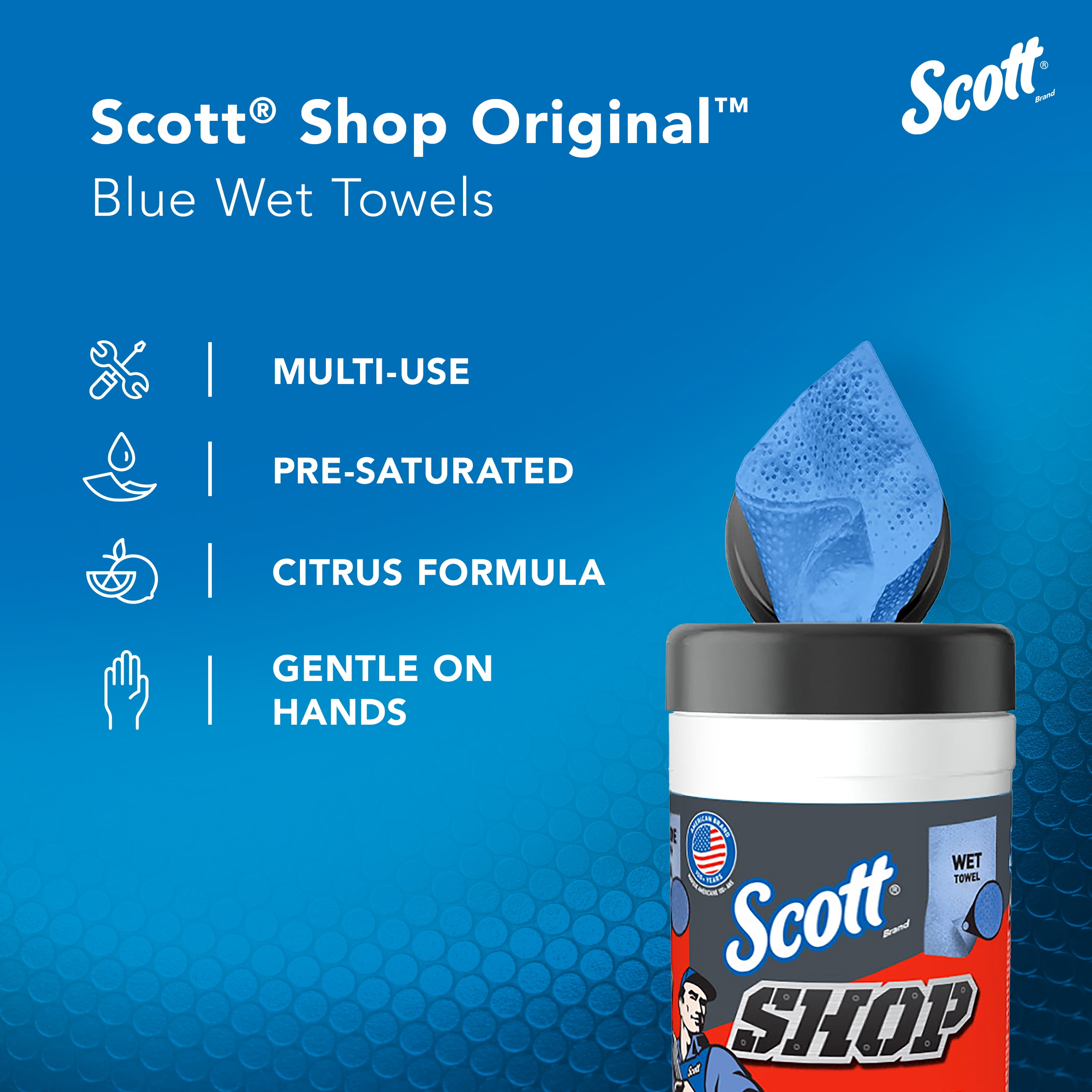 Scott Shop Blue Wet Towels, 1 Canister, 30 Sheets