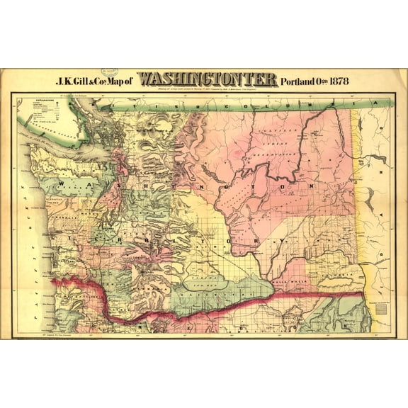 24"x36" Gallery Poster, map of Washingtonter washington state 1878