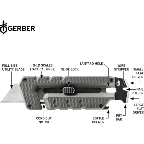 DASAW-Gear Prybrid Multi Tool Utility Pocket Knife - Utility EDC Razor Knife with Retractable Blade and Pry Bar - Grey