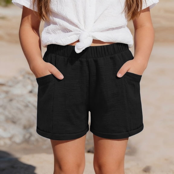 FASHOFT Boys Linen Shorts Summer Elastic Waist Casual Shorts for Boys with Pockets Black 5-6 Years