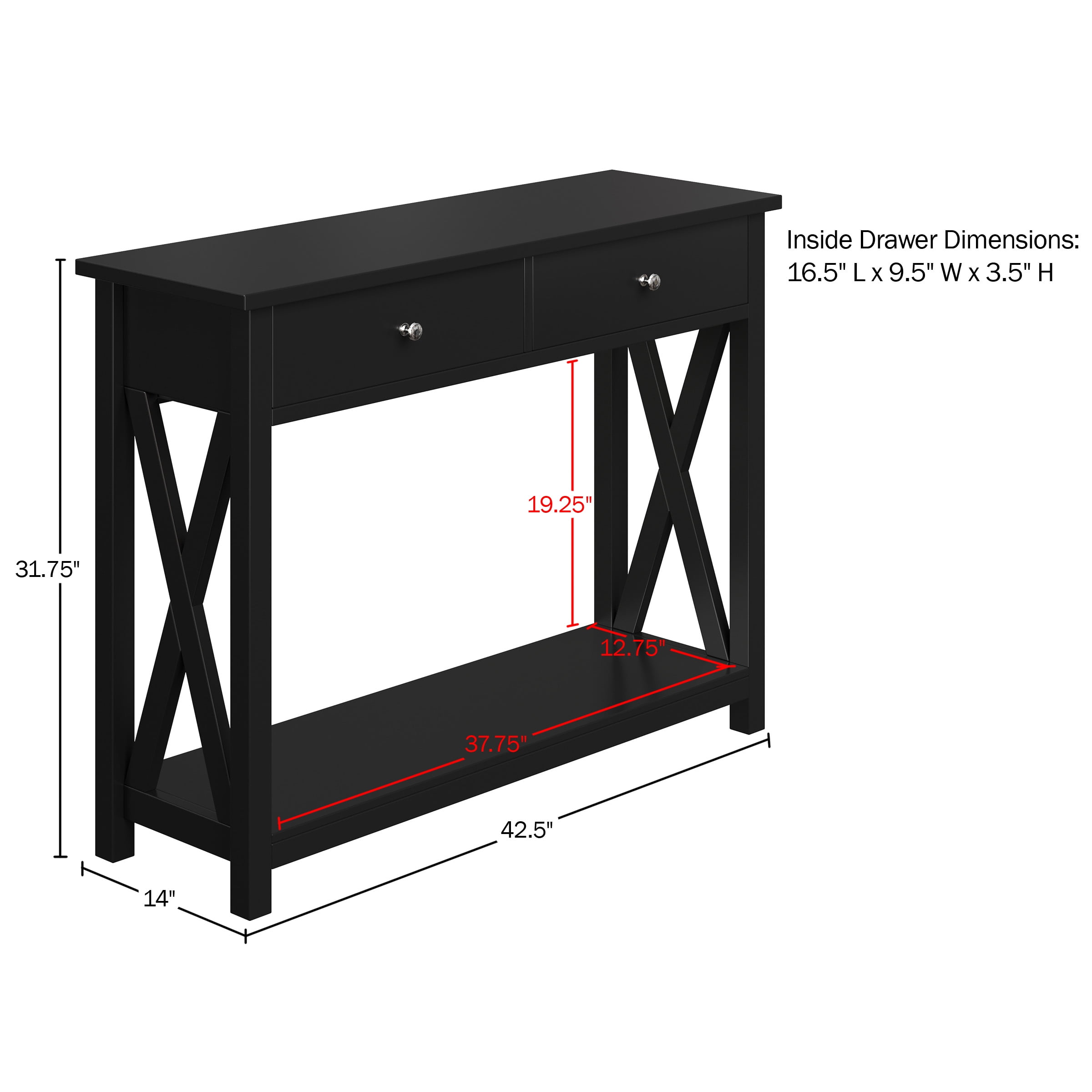Lavish Home Console 2-Tier Entryway Table with Two Drawers, Storage Shelf, and X-Braced Legs, Black