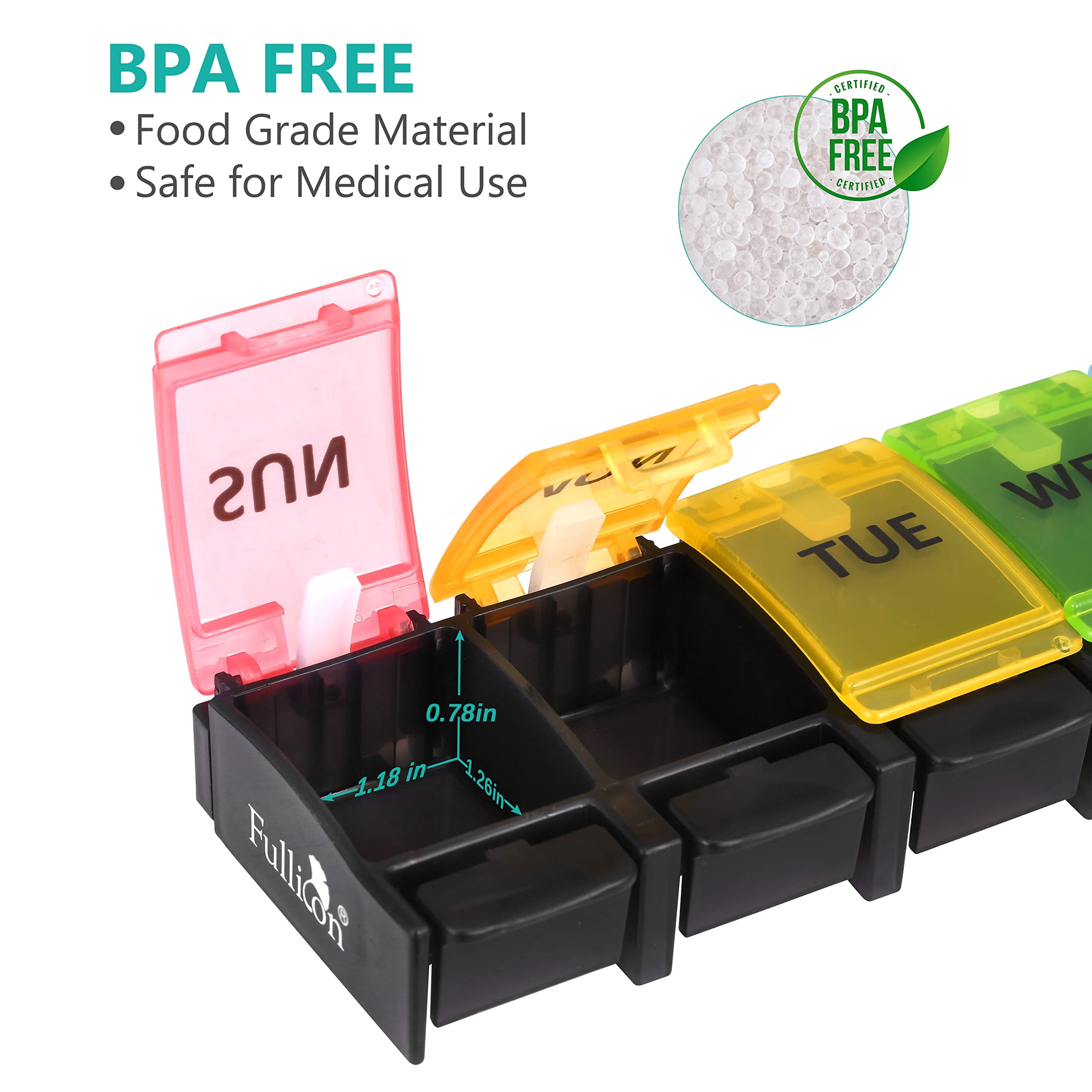 Fullicon Large Compartments Travel-Friendly 7-Day Pill Organizer Family Pack, Black (4 Pack)