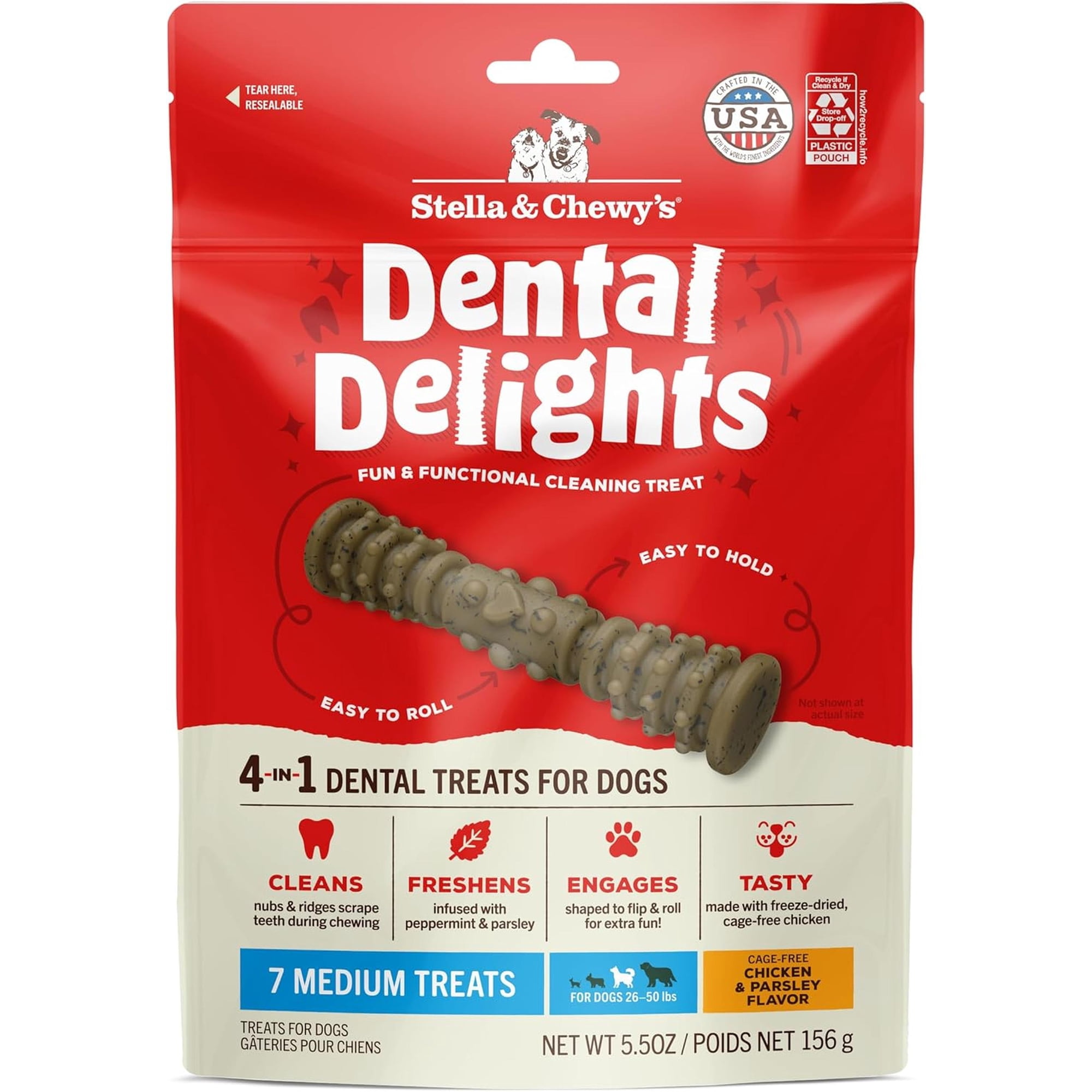 Stella & Chewy's Stella & Chewy s Dental Delights with Freeze-Dried Chicken - Medium Dental Treats for Dogs 5.5 Ounce Bag