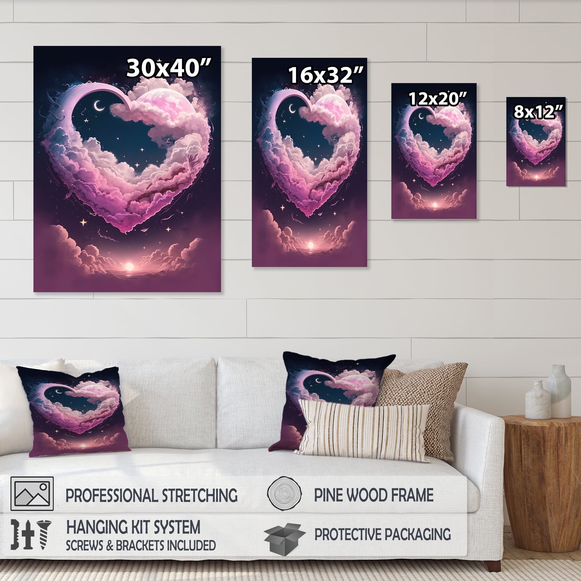 Designart Cotton Candy Cloud Heart II Canvas Wall Art