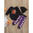 thumbnail image 2 of Bagilaanoe 3Pcs Newborn Baby Girl Halloween Outfits Letter Print Long Sleeve Romper Tops Skull Ghost Pumpkin Pattern Trousers Hat 6M 12M 18M 24M Infant Fall Long Pants Set, 2 of 9