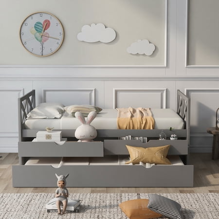 CITYLE Daybed with Trundle and Storage  Twin Size Daybed Multi-Functional with Drawers and Trundle  Twin Wood Platform Bed Frame with Headboard and Footboard for Kids Boys Girls Teens Adults  Gray