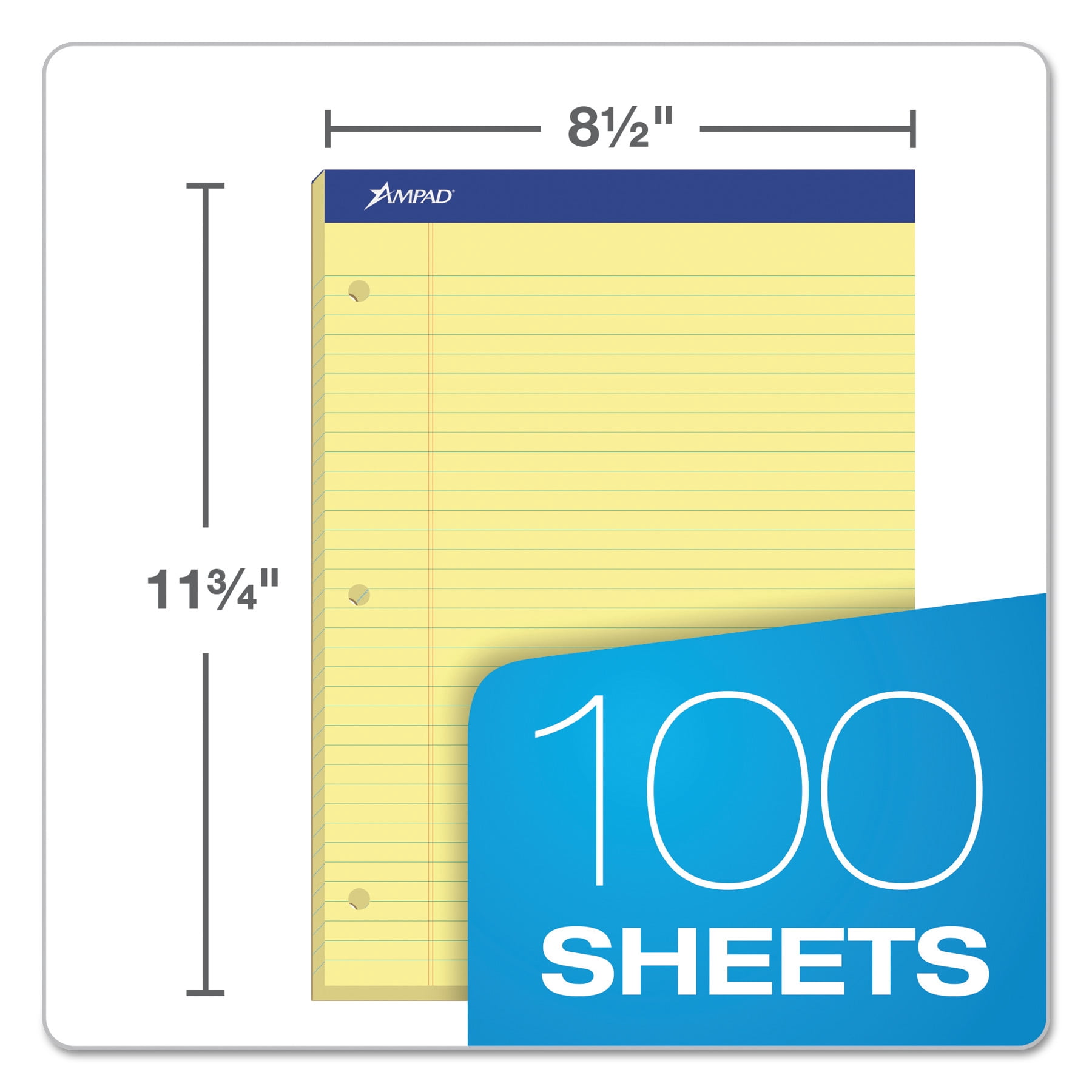 Ampad Double Sheets Pad, College/Medium, 8 1/2 x 11 3/4, Canary, 100 Sheets -TOP20223