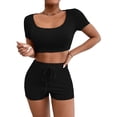 thumbnail image 4 of FUNUONY Womens Workout Sets 2 Piece - Seamless Yoga Outfits Shorts and Crop Top Matching Gym Athletic Clothing Set Two Piece Summer Outfits 2 Piece Sets Suspender Shorts Suit Yoga Sports Suit Black L, 4 of 6