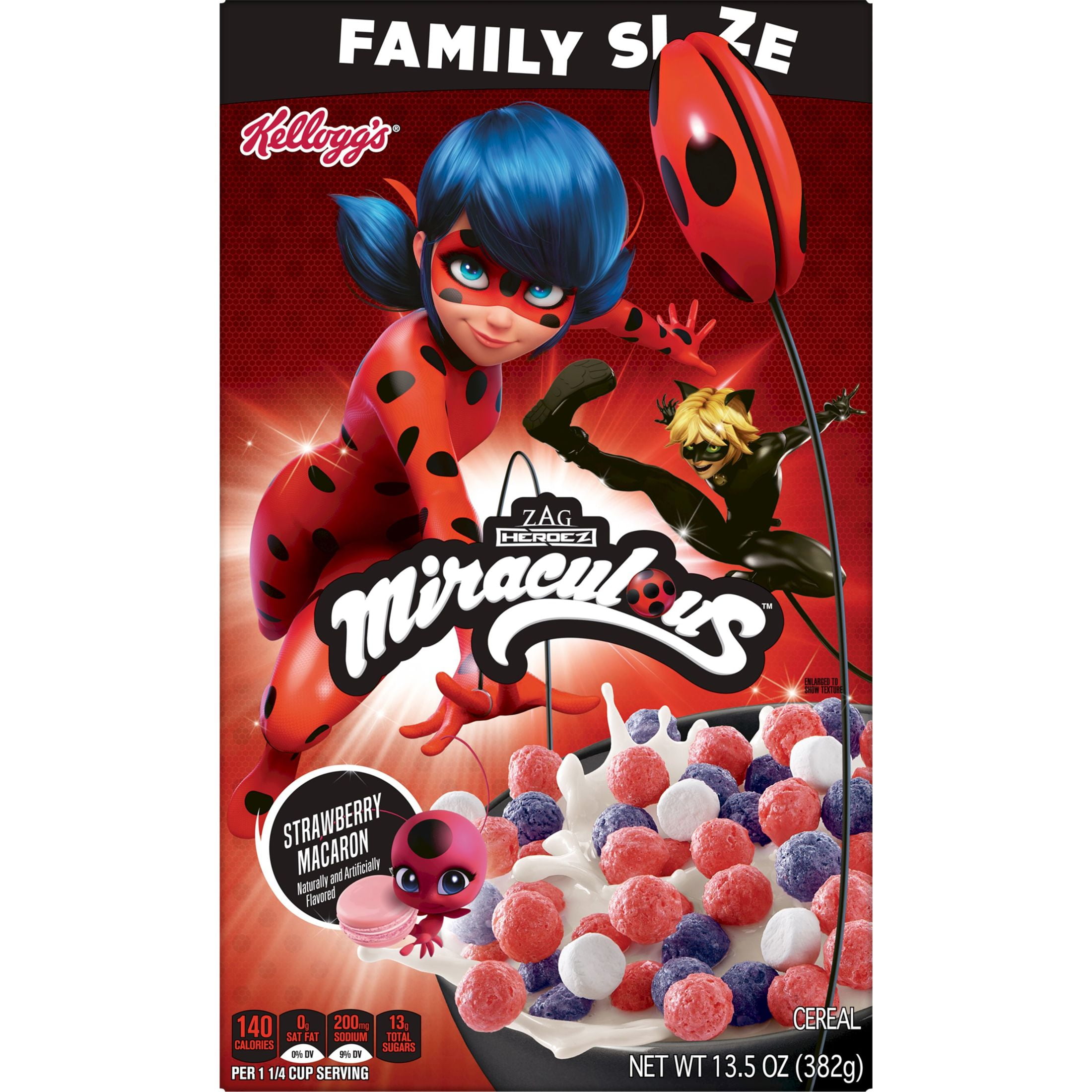 Kellogg's Miraculous Tales of Ladybug and Cat Noir Cold Breakfast Cereal, Kids Snacks, Family Size, Strawberry Macaron, 13.5oz Box (1 Box)