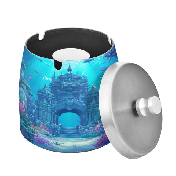 Ashtray with Lid for Cigarette, Stainless Steel Smokeless Odorless Windproof Ashtrays, for Home Office Tabletop Outside Patio Outdoor Balcony A Beautiful Underwater Temple