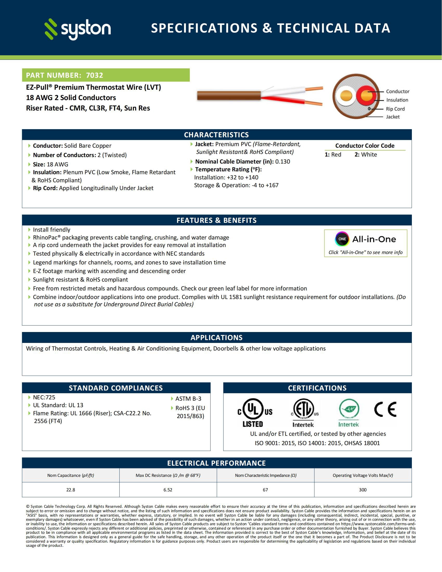 Syston 18/2 Thermostat Doorbell HVAC Heating Control Cable Wire, 18 AWG 2 Conductors 100% Solid Copper Conductors CL3R/FT4/CMR Riser-Rated, UV Resistant RoHS for Low Voltage Applications Use - 250 FT