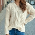 thumbnail image 4 of Olyvenn Women Pullover Sweaters Long Sleeve V-Neck Cable Knit Chunky Sweater Loose Casual Fall Winter Knitwear Blouse Tops White M, 4 of 4