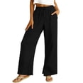 thumbnail image 2 of Linen Pants Women Wide Leg Casual Summer Vacation Outfits Travel Beach Pants Elastic Waist Ankle Split with Pockets Black 2XL, 2 of 7