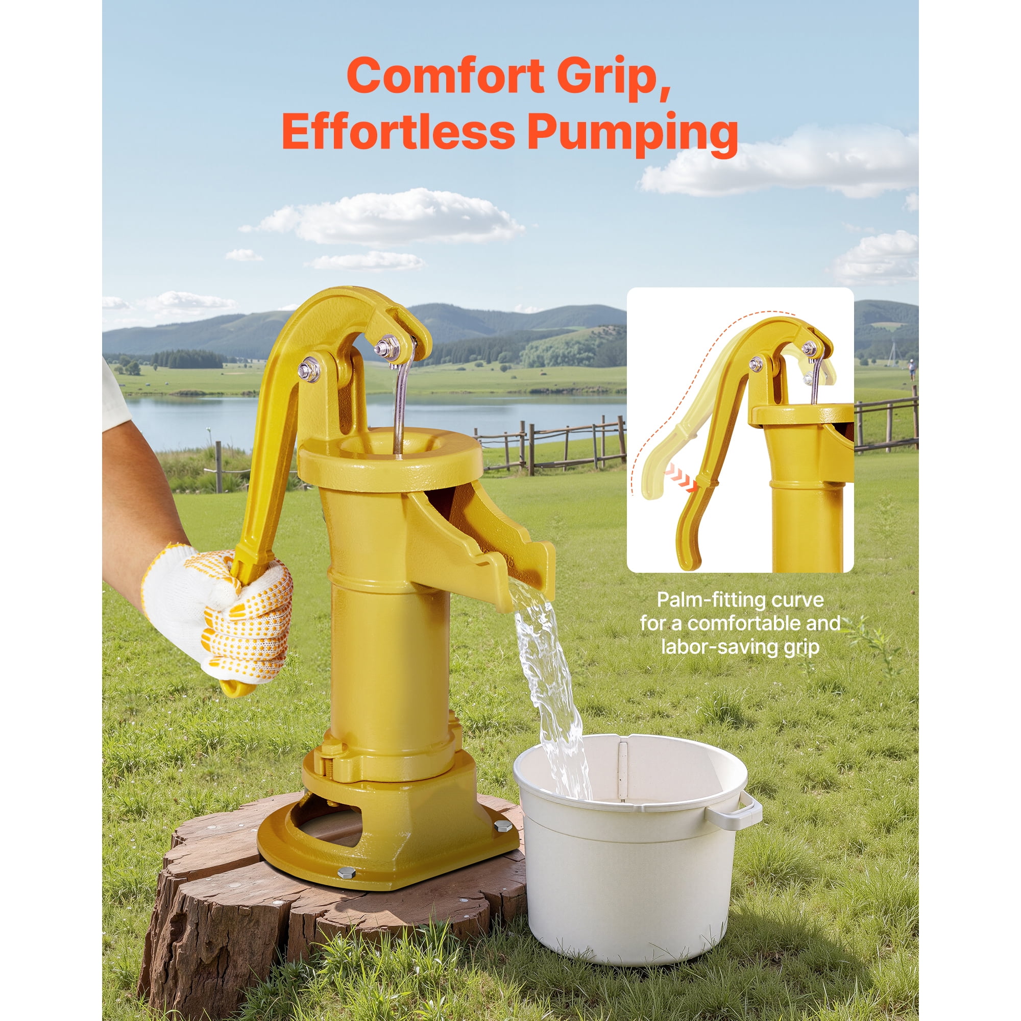 KFFKFF Cast Iron Hand Well Pump, Max. 25 ft Lift Antique  Pitcher Pump, 1-1/4 in NPT Connection,  Manual Water Pump for Outdoor Gardens, Ponds, Backyards, and Farms, Yellow