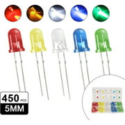 DiCUNO 450pcs(5 Colors x 90pcs) 5mm LED Light Emitting Diode Round Assorted Color White/Red/Yellow/Green/Blue Kit Box
