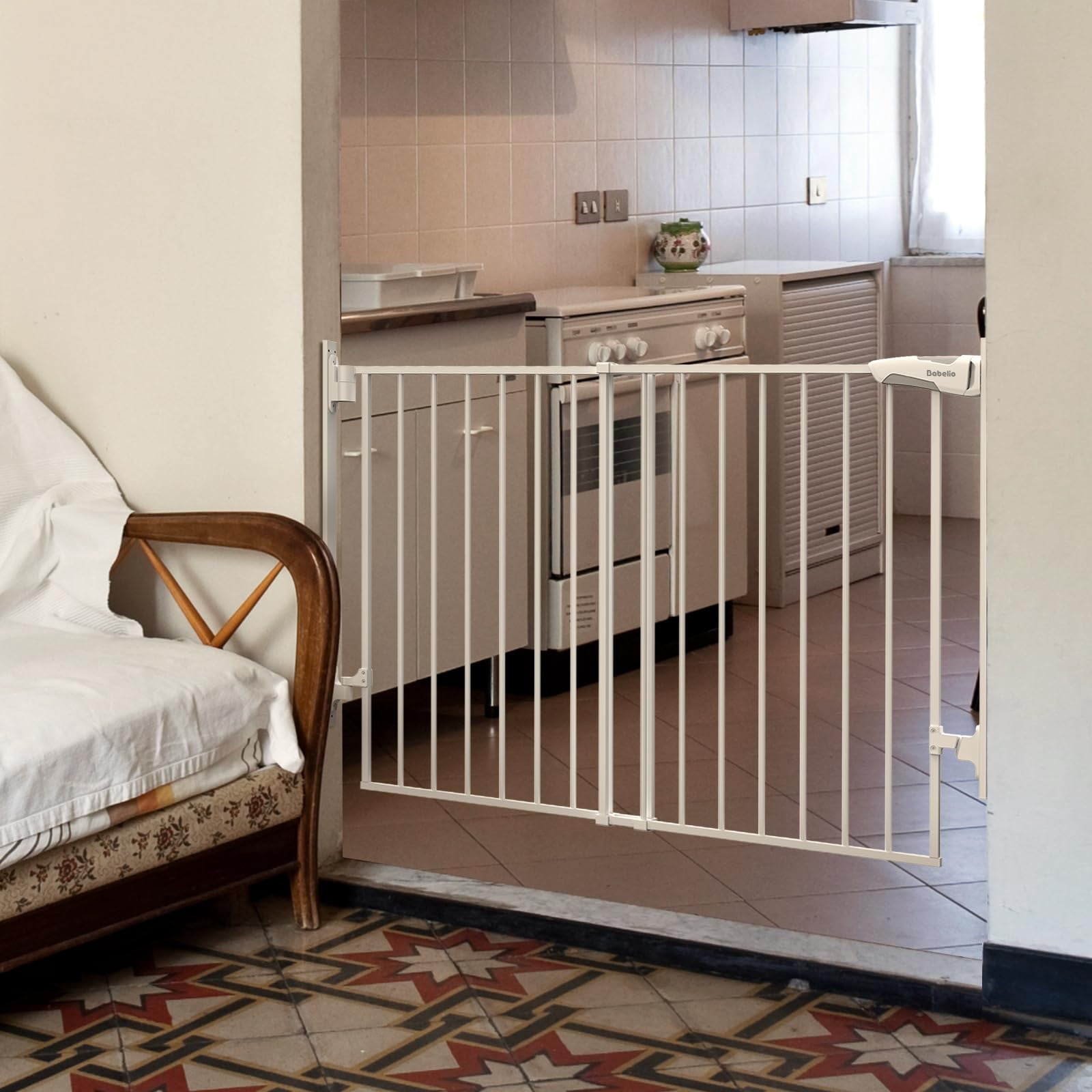 Gate for Stairs & Doorways, 26-43" W 34" H Extra Tall| No Bottom Bar| Easy Installation| One-handed Operation| Auto-close| Hardware Mount (Drill Needed) Safety Dog/Pet Gate Indoor (White)