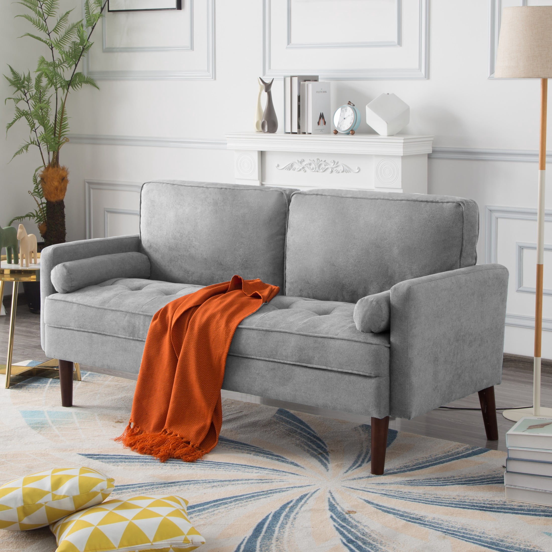 Gewnee 65" Modern Loveseat Couch, Upholstered Sofa with Removable Back Cushion and 2 Bolster Pillows, Contemporary Loveseat for Living Room, Home Office, Bedroom(Light Grey)