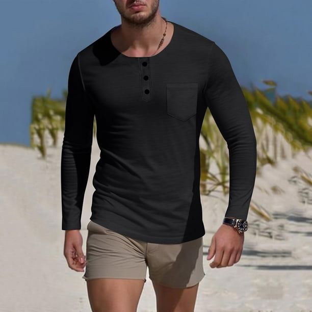 Blusas y camisas de manga larga con cuello redondo para hombre, colores lisos, informales, cuello redondo, bolsillo, botones, cárdigan de media manga, camisa de capa base para ejercicio, blusa de poli