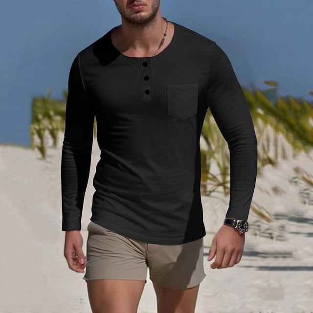 pstuiky Camisas de invierno de manga larga para hombre, Camisa de capa base de ejercicio de manga larga para hombre, informal, con cuello redondo, bolsillos y botones, de colores sólidos m