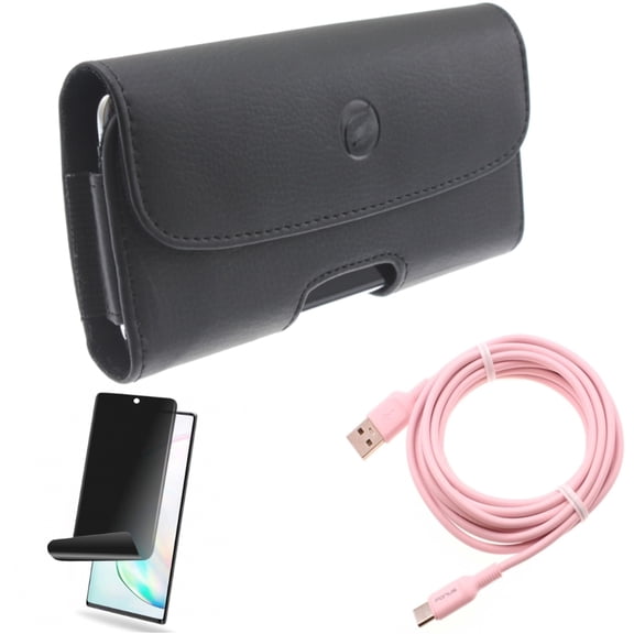 Privacy Screen Protector & Case Belt Clip & 10ft Long USB-C Cable for Samsung Galaxy Note 20 (6.7") - Combo with TPU Film Anti-Peep & Leather Holster & Pink Charger Cord