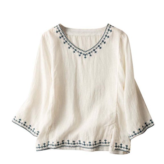 XuJwPNcy Cotton Shirts for Women Summer V Neck 3/4 Sleeve Floral Embroidered Boho Tops Dressy Casual Blouse Tees