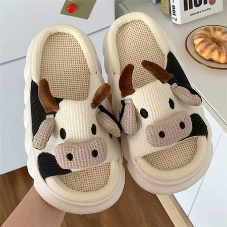 

CoCopeanut Paltform Home Slippers Female Cute Cartoon Bear Anti-slip Sweat Household Comfy Shoes Slides Four Seasons Family Cotton Slipper