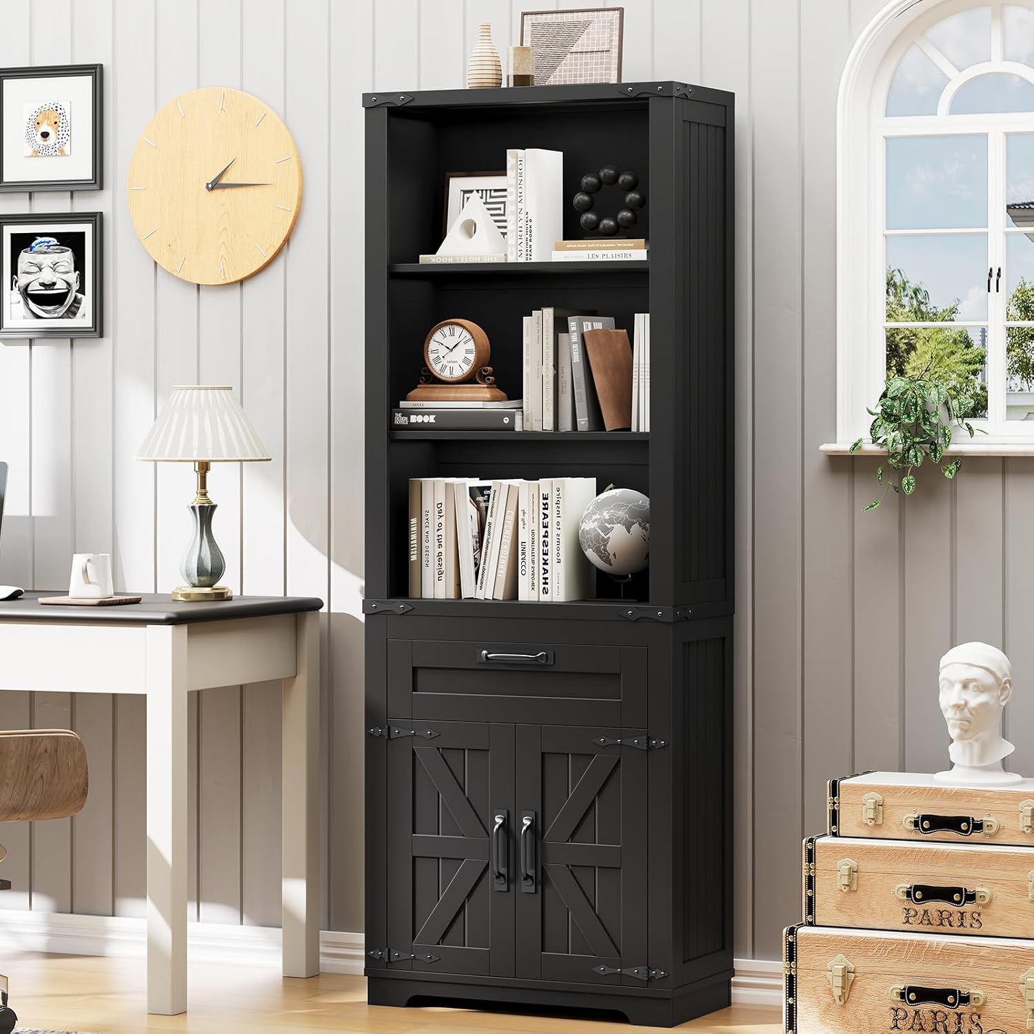 Vabches 67" Tall Bookcases with Drawer and Doors, 5-Tier Farmhouse Bookshelf, Bookcase for Living Room Home Office