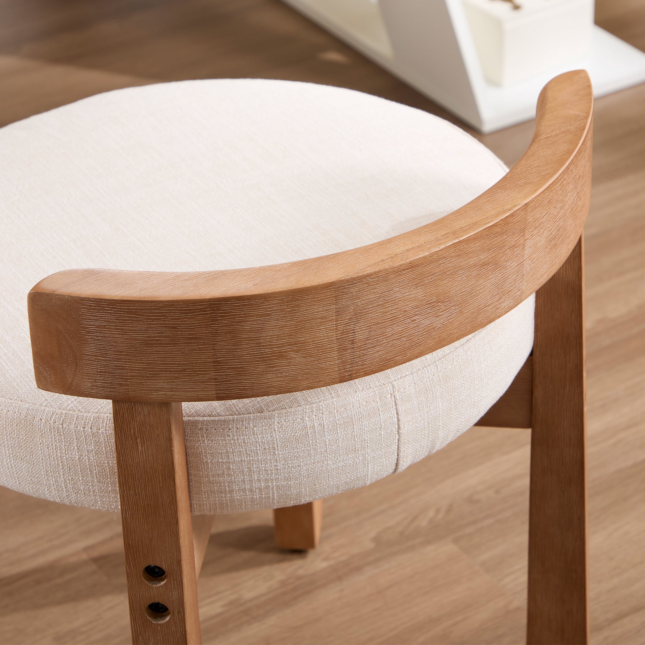 Guyou Wooden Vanity Chair Set of 2, Modern Linen Upholstered Small Ottoman Footstool, Lovely Round Makeup Stool for Bedroom Living Room Makeup Room, Beige