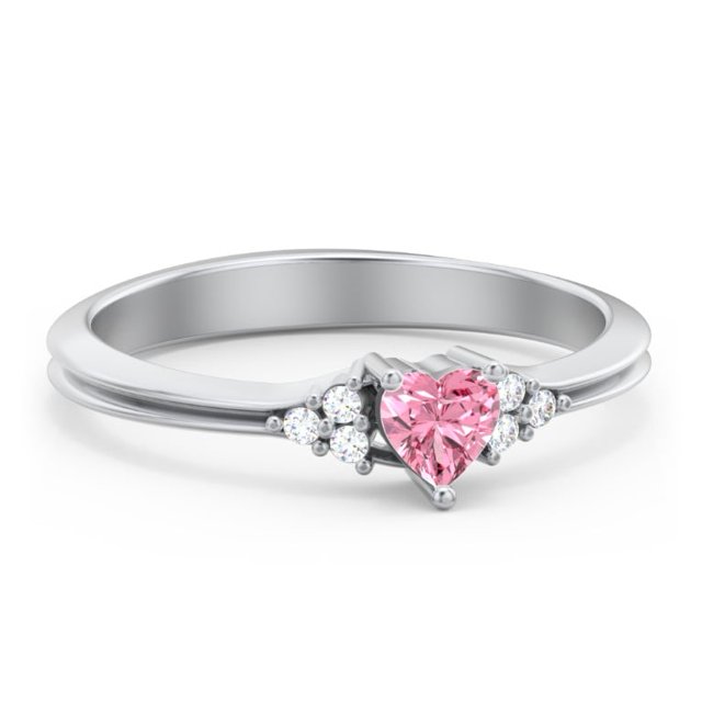 Birthstone Heart Ring with Shoulder Accents - Pink Tourmaline (October)