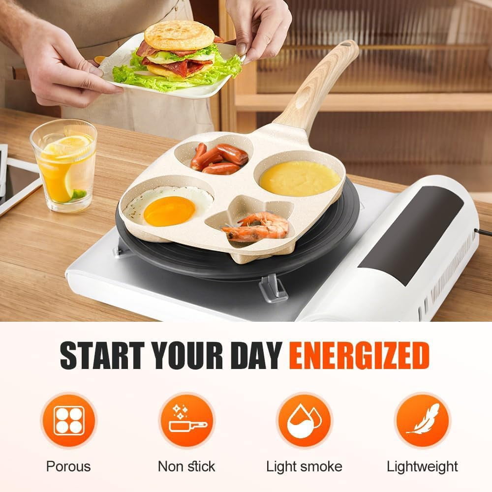 4-Cup Egg Pan Nonstick, 2025 New Non Stick Breakfast Frying Pan, for Pancake, Hamburger, Bacon Compatible with Gas Stove & Induction Cookware (Black)