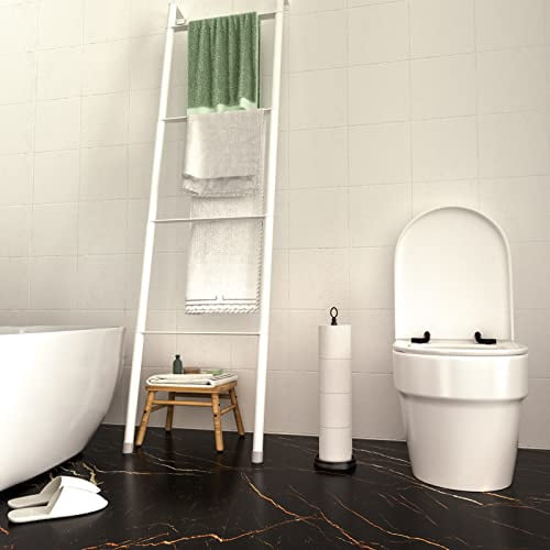 Heavy-Duty Freestanding Toilet Paper Holder with Spare Roll Storage, 22.5" Bathroom Organizer Stand in Matte Black Finish
