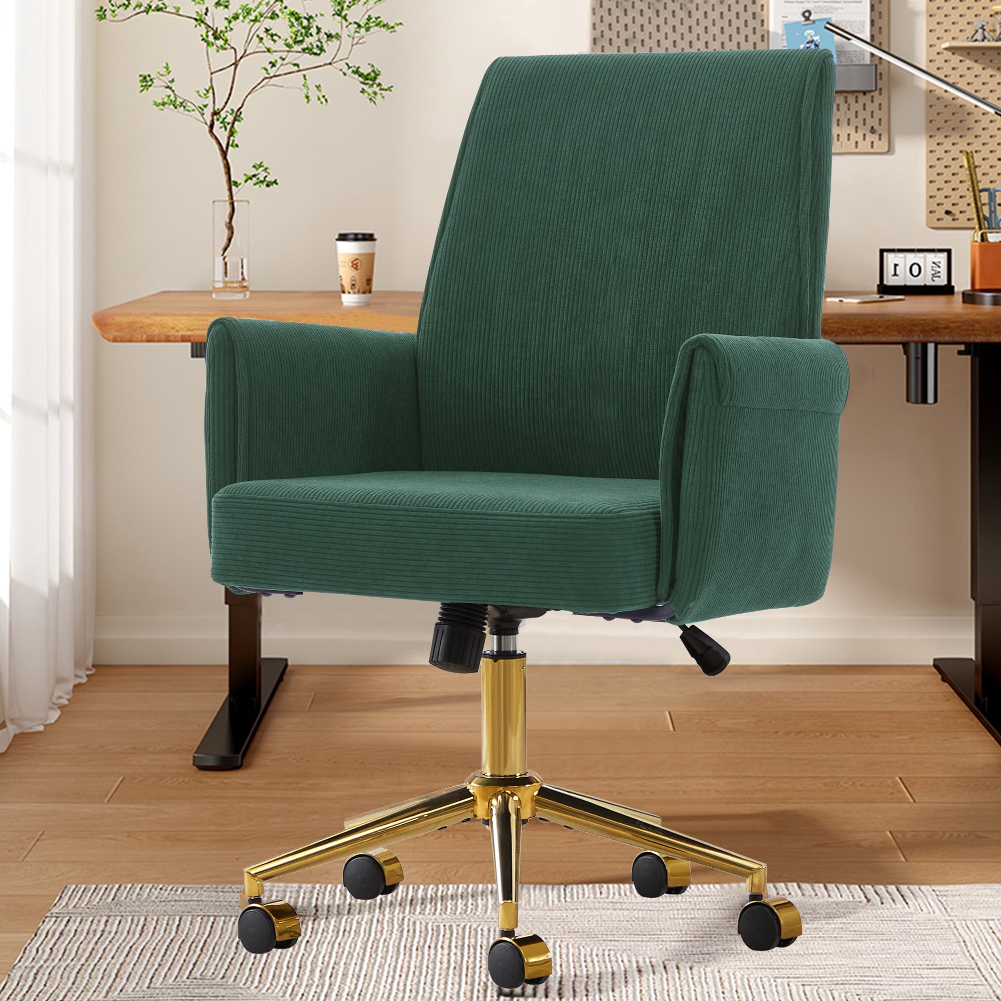 Homy Casa Upholstered Office Chair with Wheels, Adjustable Swivel Vanity Chair for Home Office