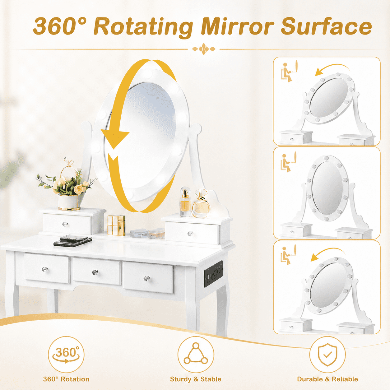 Ktaxon Makeup Vanity Table with 3 Color Lights, 5 Drawers Makeup Dressing Desk with USB Charging Station, Bedroom Vanities Set, White