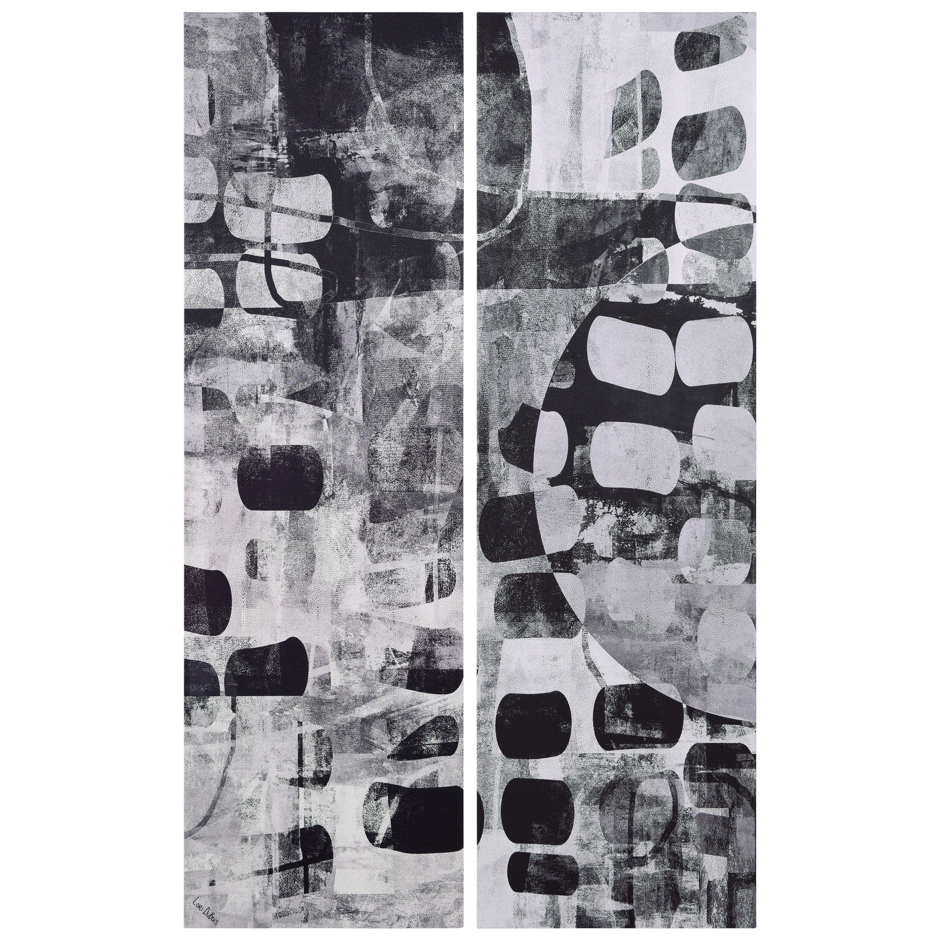 "Monochrome Abstract I & II", Black&White Artwork on Silver Shagreen Wrapped Canvas Wall Art Set, sized 72"x22"