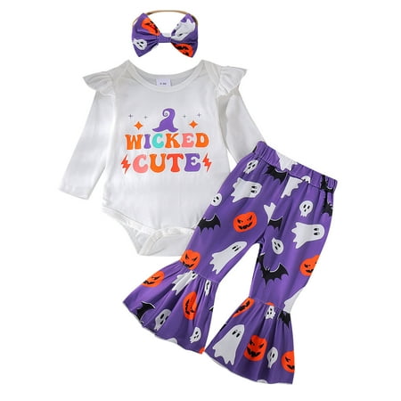 

Baby Clothes Girls Long Sleeve Romper Bodysuit Cartoon Prints Flared Pants Set Baby Outfit Purple 0 Months-3 Months